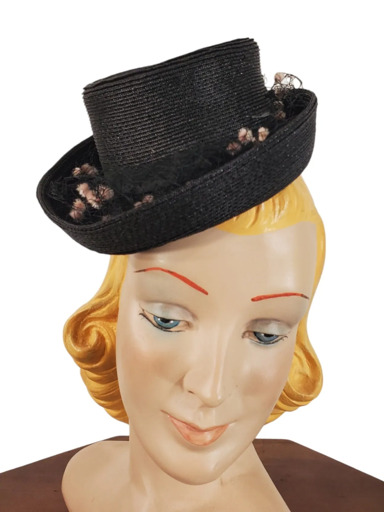 40s Black Straw Tilt Top Hat