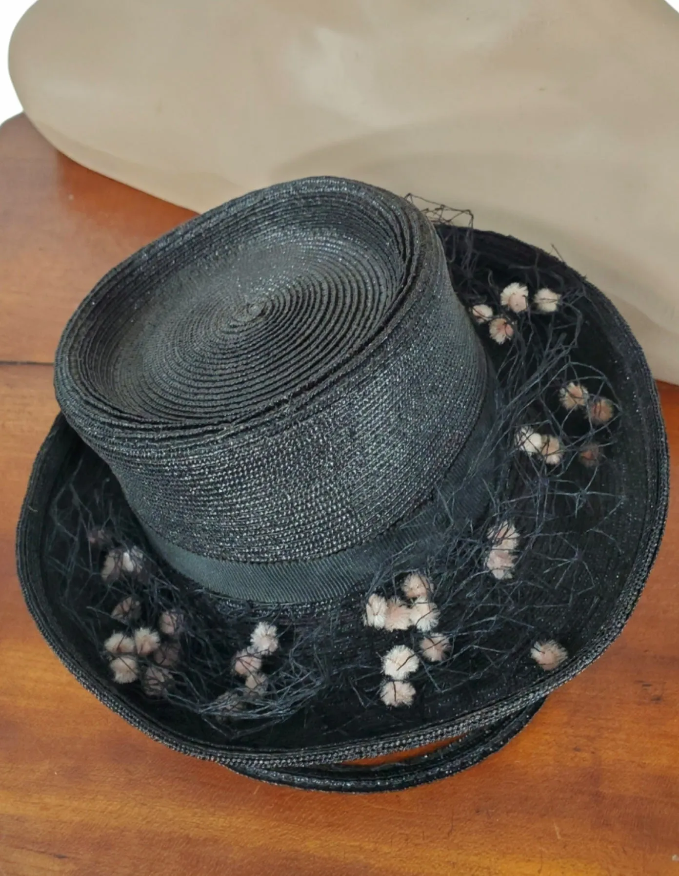 40s Black Straw Tilt Top Hat