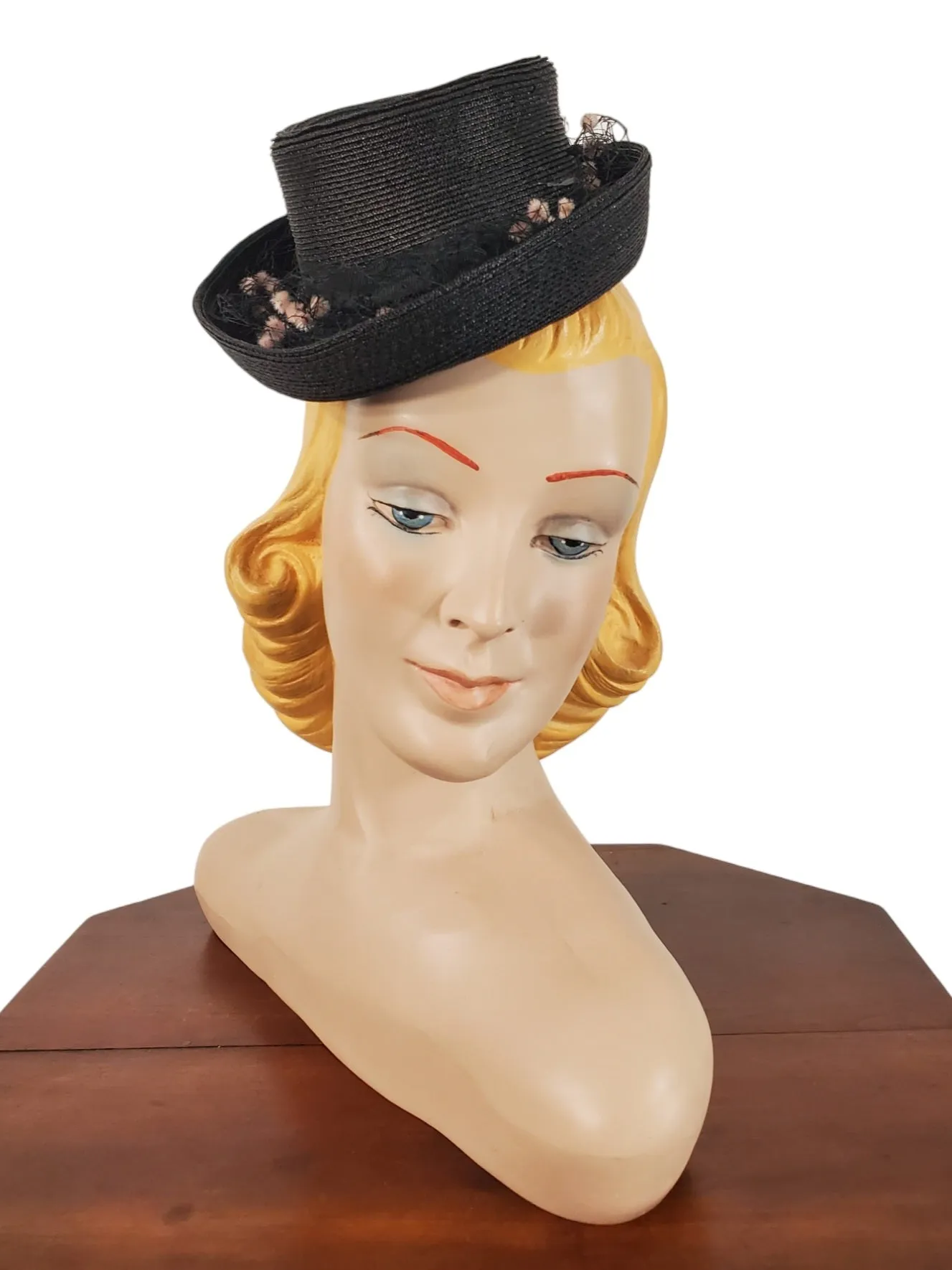 40s Black Straw Tilt Top Hat