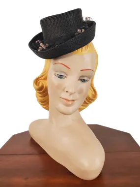 40s Black Straw Tilt Top Hat