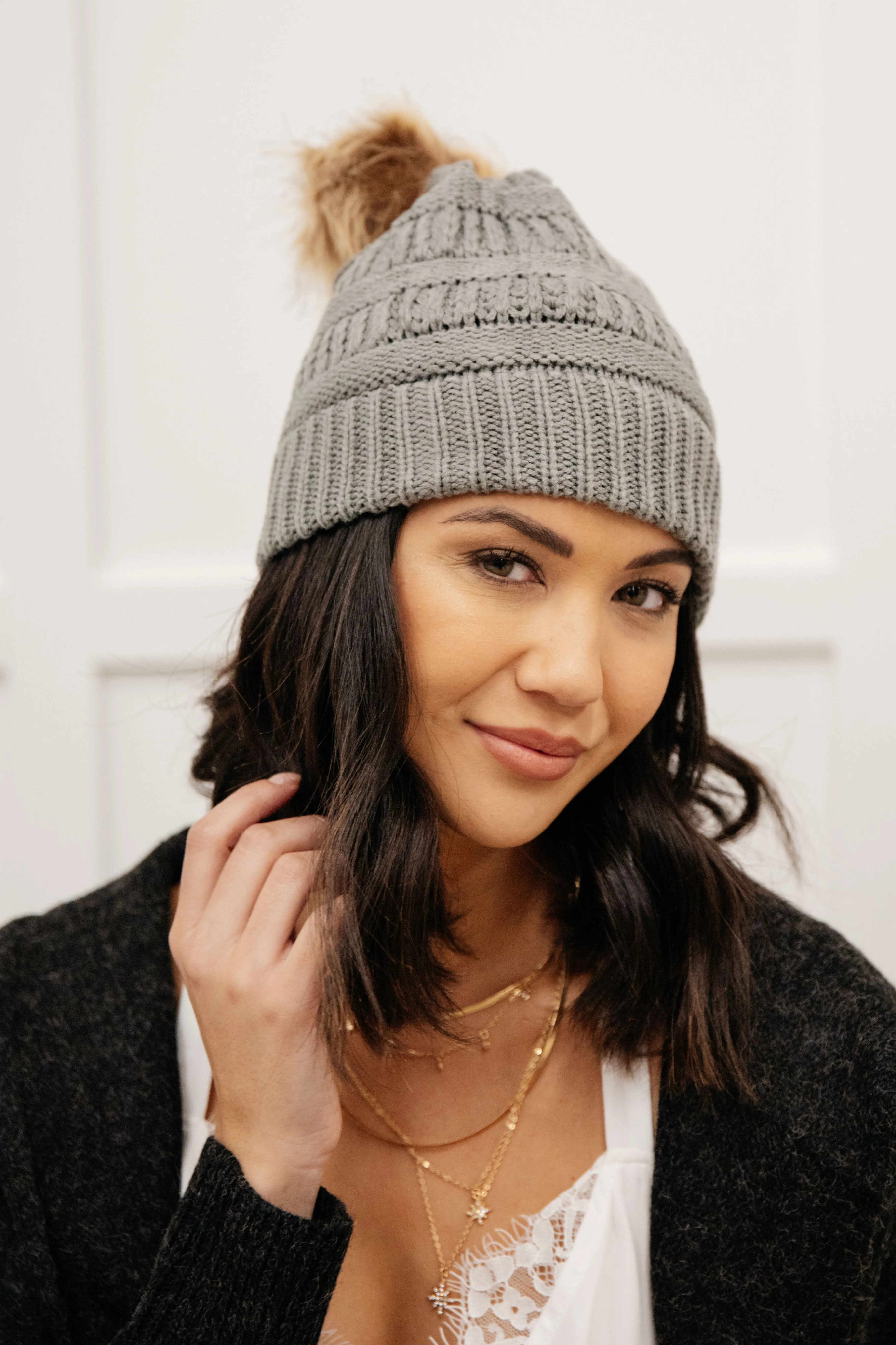 Faux Pom Pom Beanie In Slate Gray
