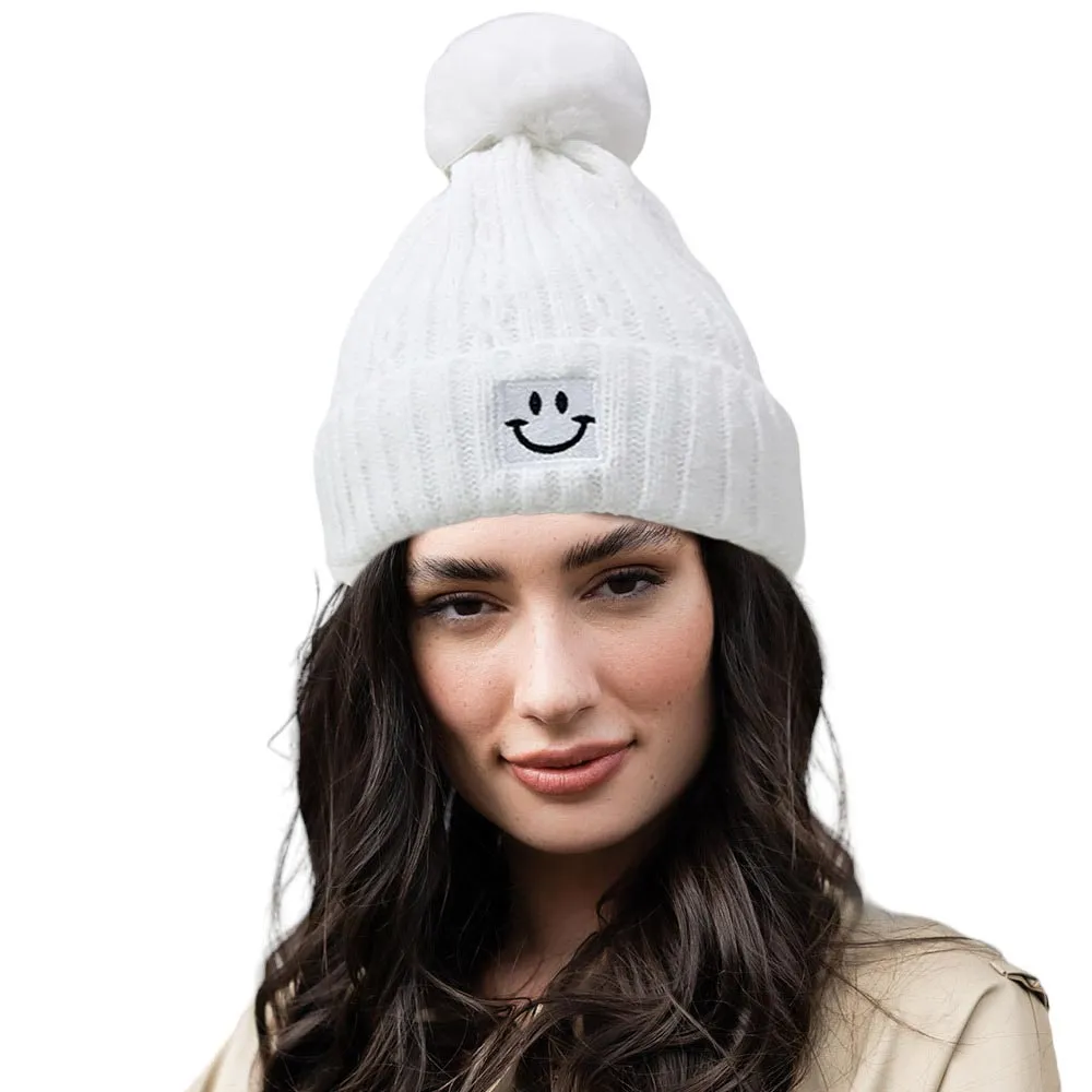 Fleece Lining Smile Pointed Pom Pom Beanie Hat