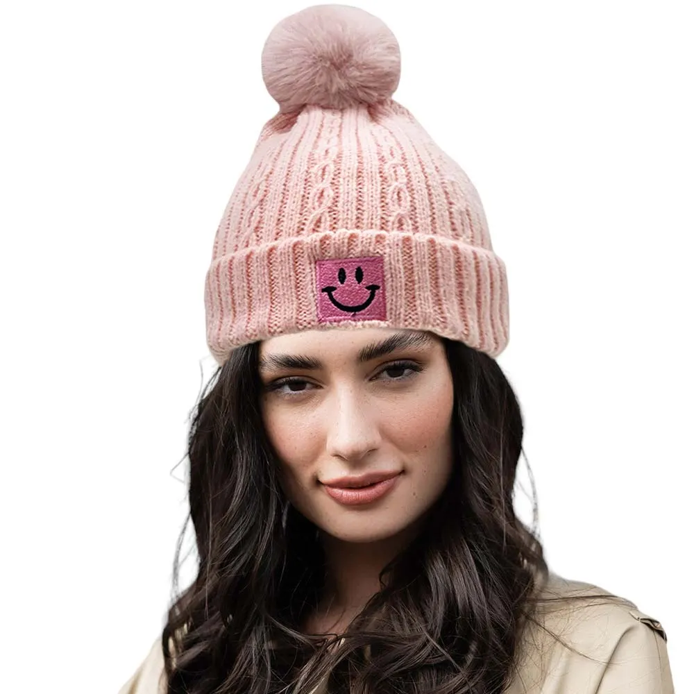 Fleece Lining Smile Pointed Pom Pom Beanie Hat