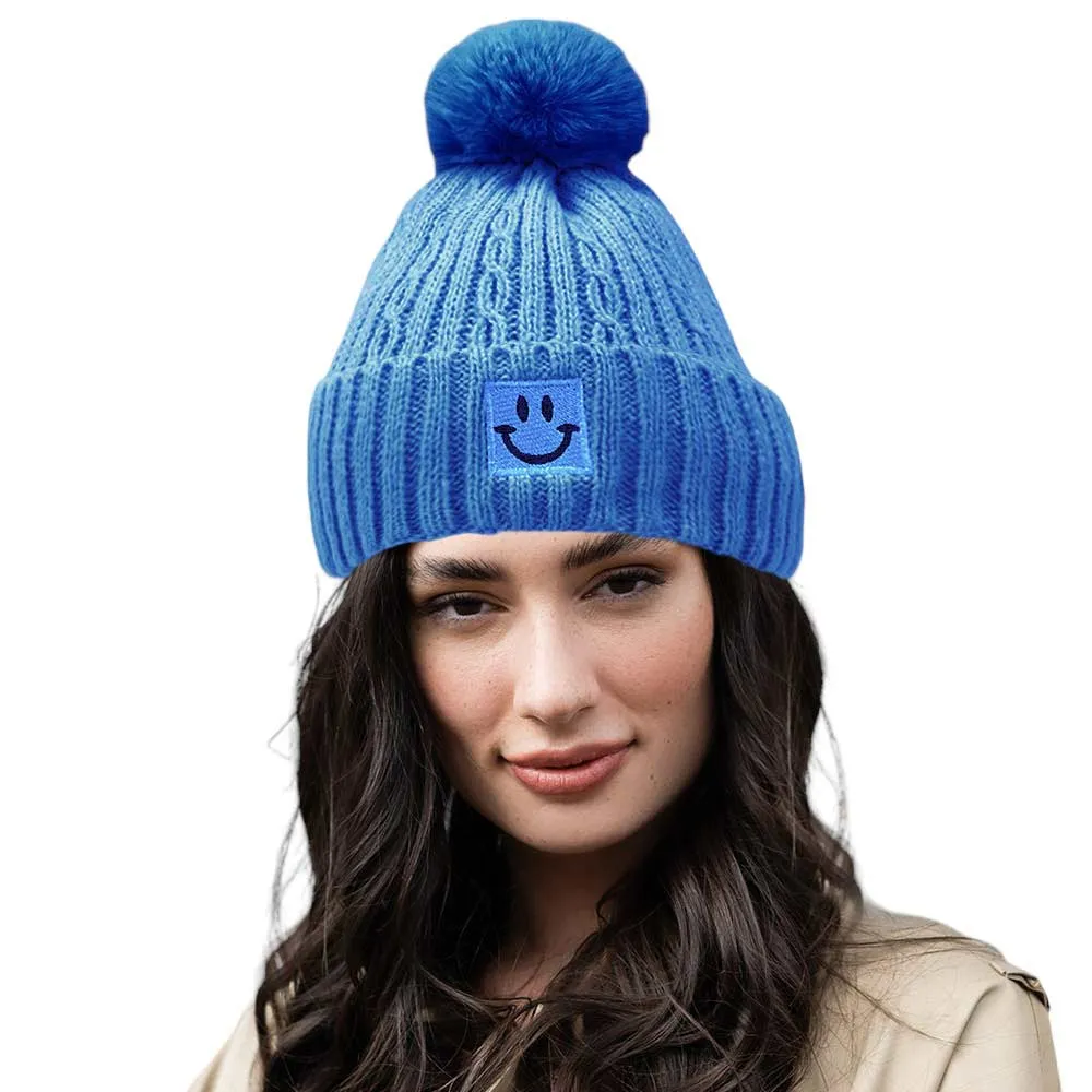 Fleece Lining Smile Pointed Pom Pom Beanie Hat