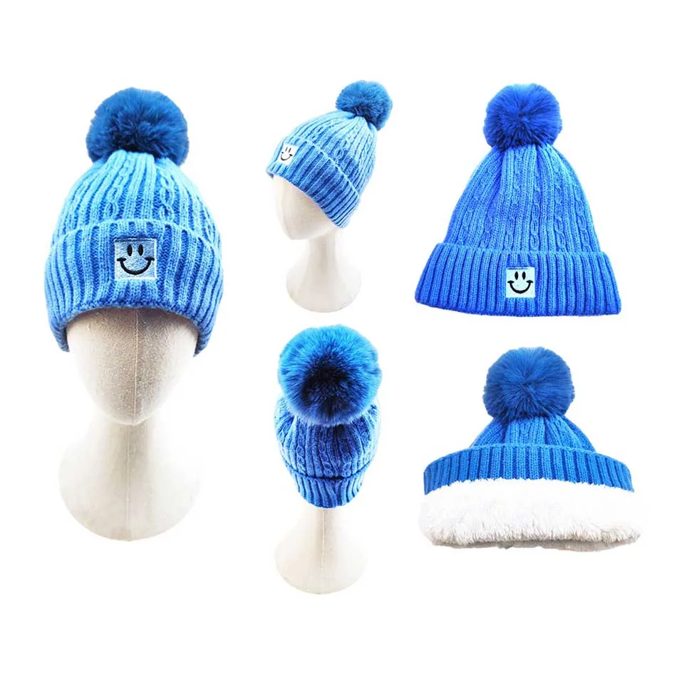 Fleece Lining Smile Pointed Pom Pom Beanie Hat
