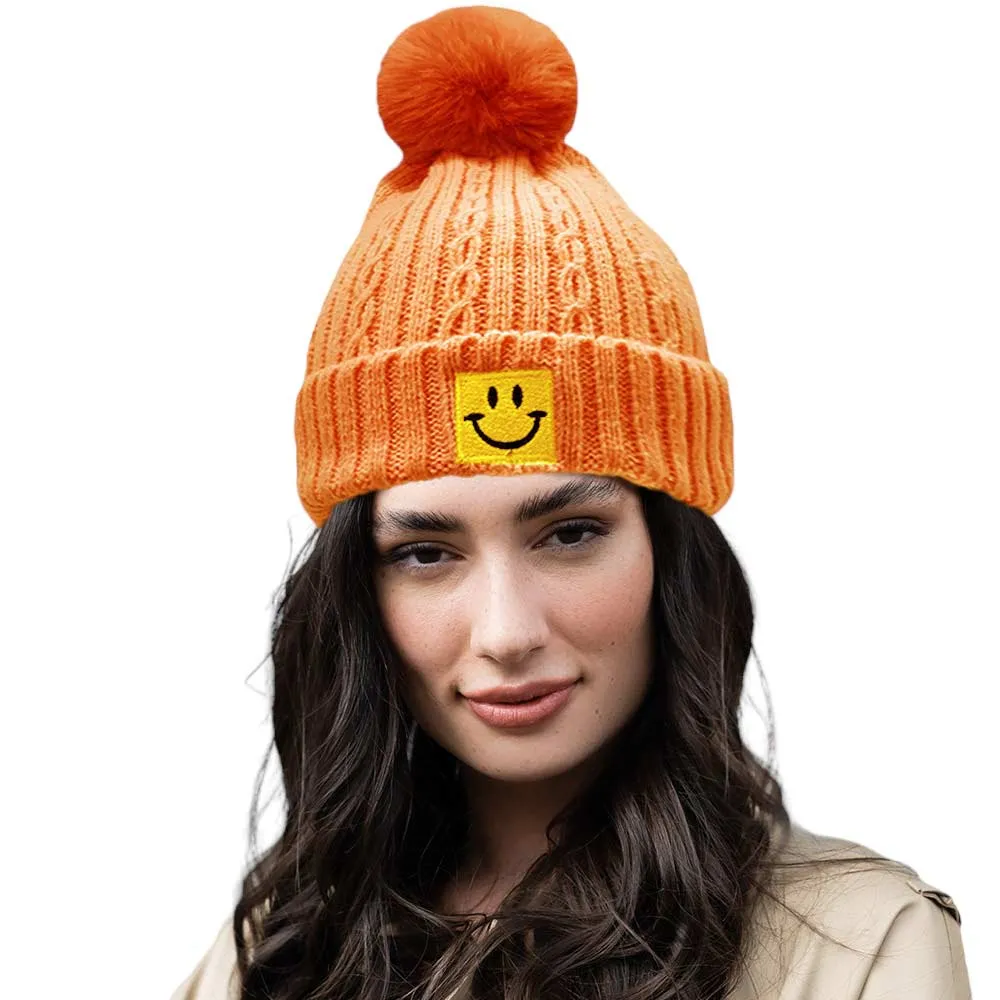 Fleece Lining Smile Pointed Pom Pom Beanie Hat