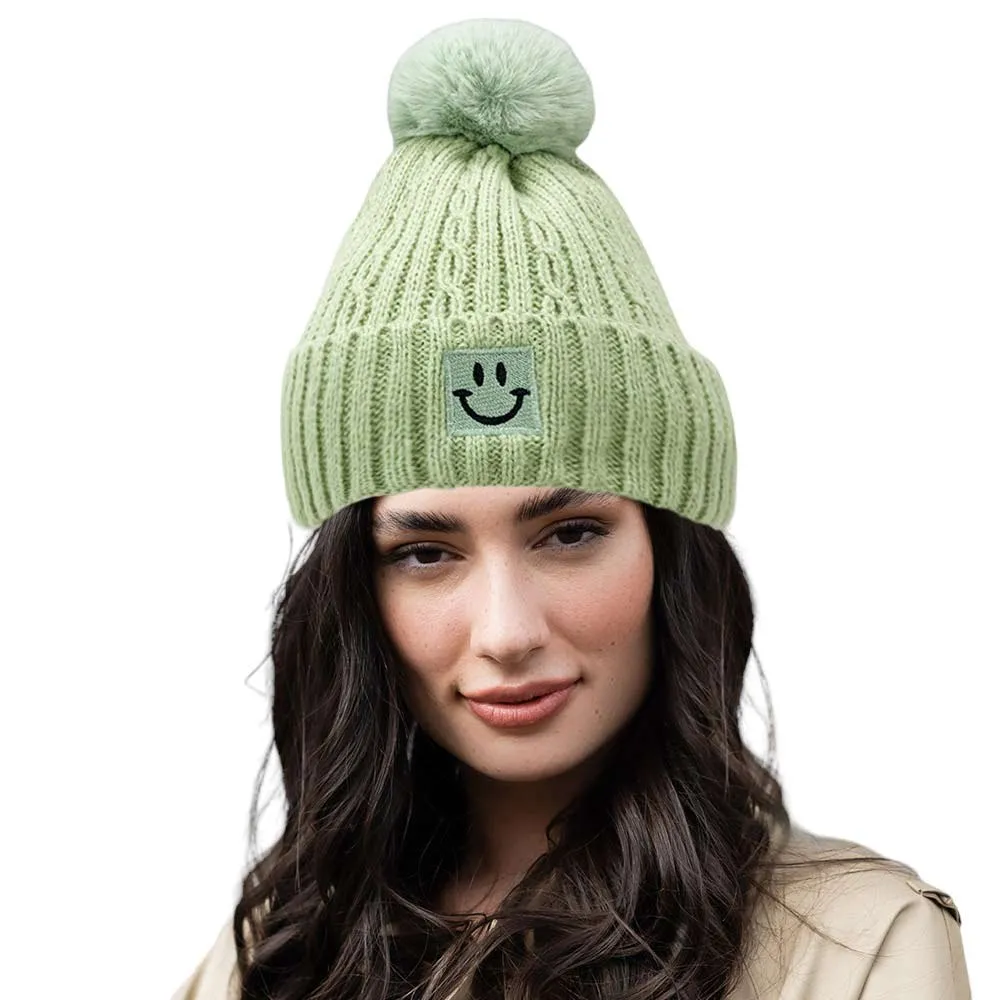 Fleece Lining Smile Pointed Pom Pom Beanie Hat