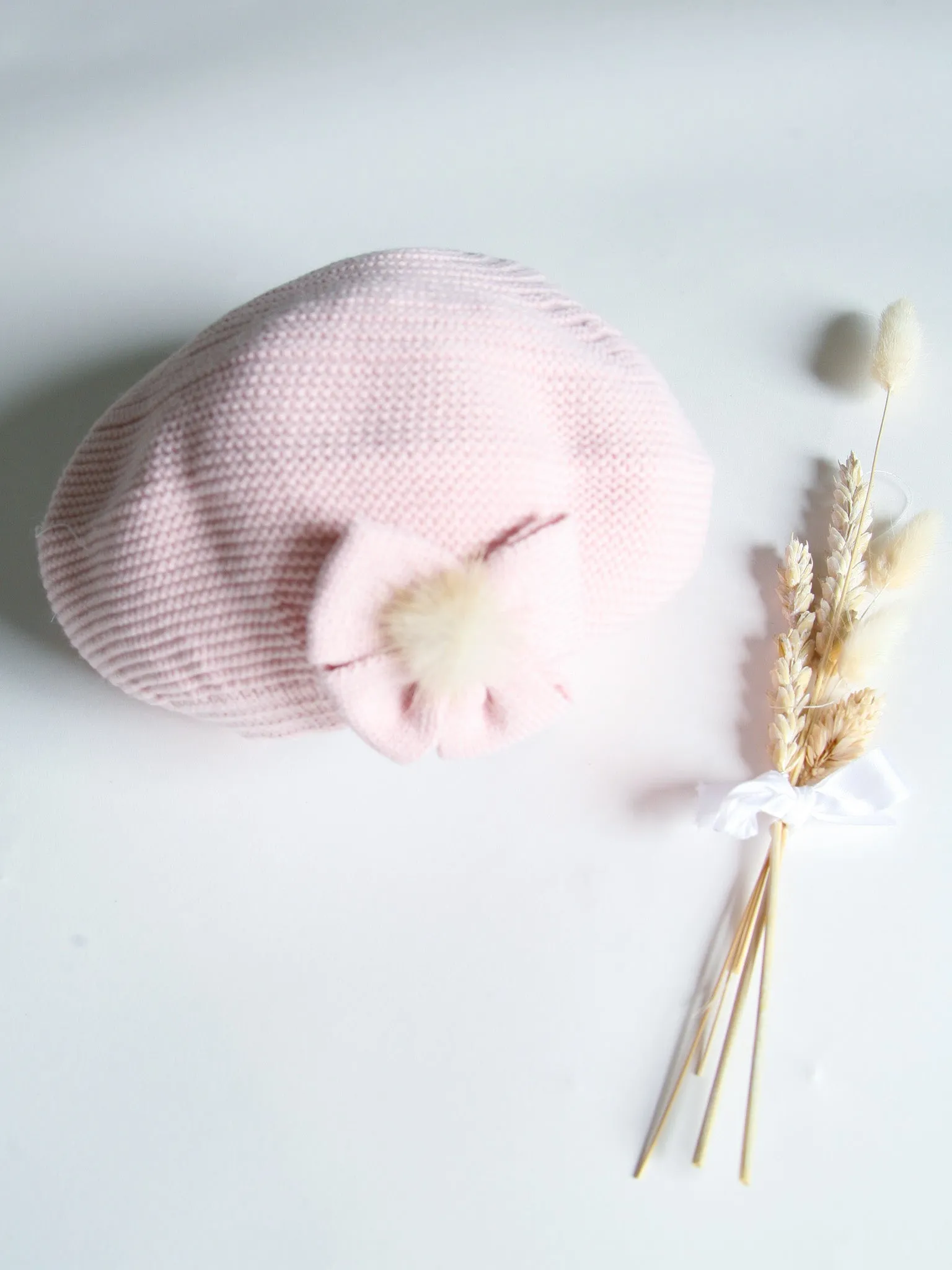 Granlei Dusky Pink knitted beret with faux fur pom