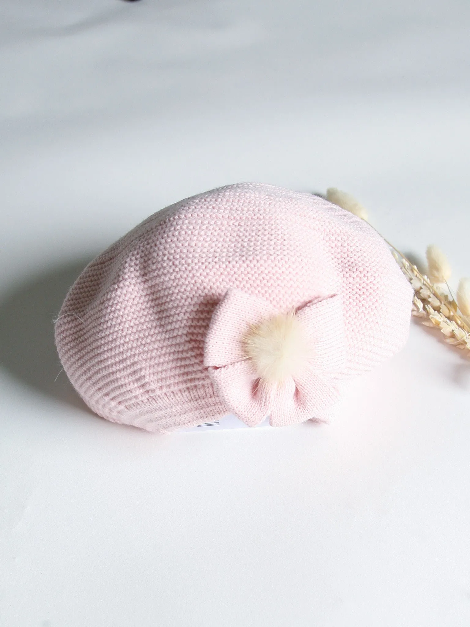 Granlei Dusky Pink knitted beret with faux fur pom