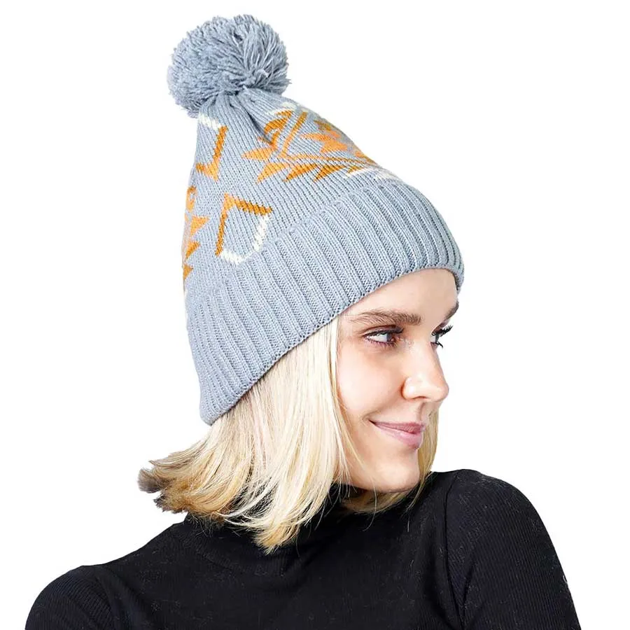 Pom Pom Western Pattern Beanie Hat