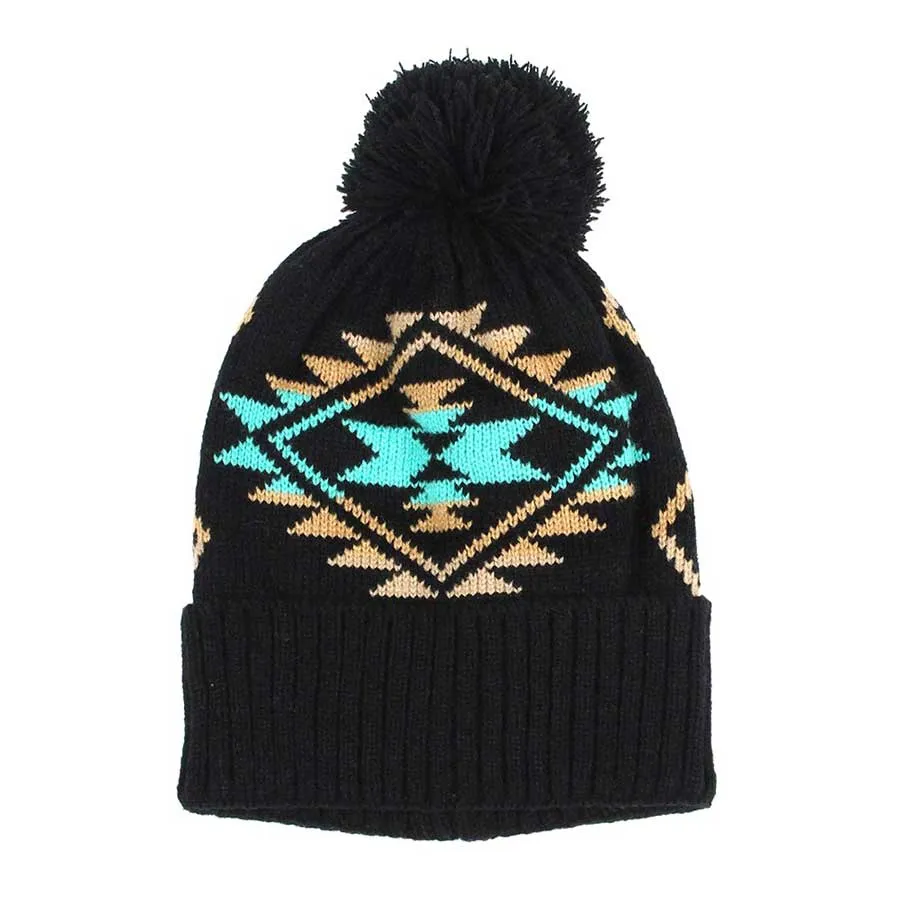 Pom Pom Western Pattern Beanie Hat