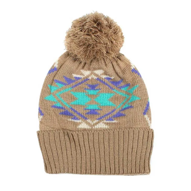 Pom Pom Western Pattern Beanie Hat