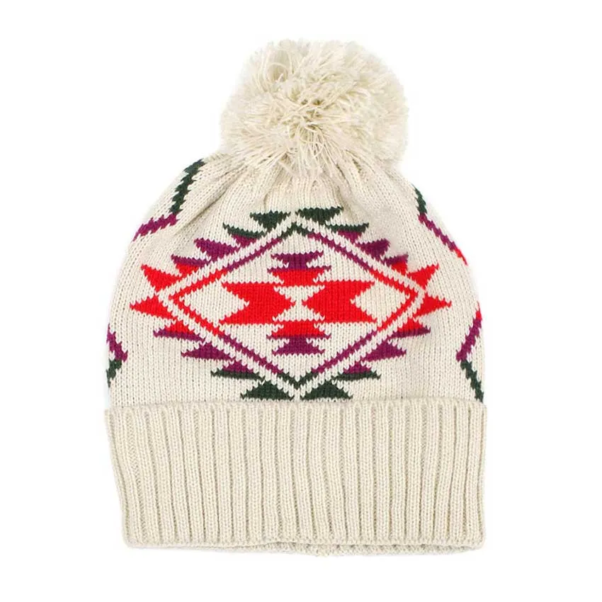 Pom Pom Western Pattern Beanie Hat