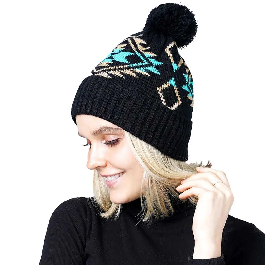 Pom Pom Western Pattern Beanie Hat