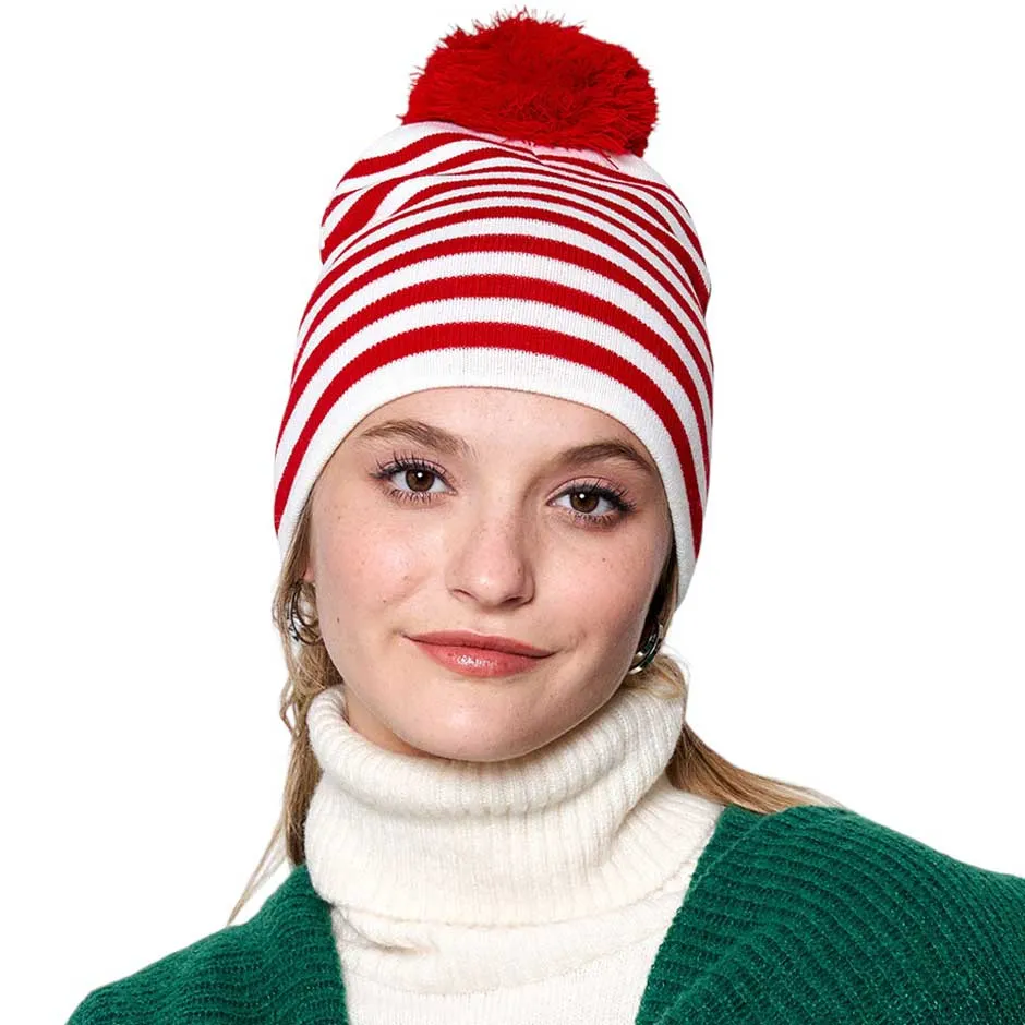 Two Tone Striped Pom Pom Beanie Hat