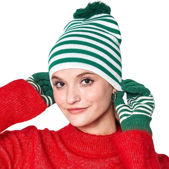Two Tone Striped Pom Pom Beanie Hat