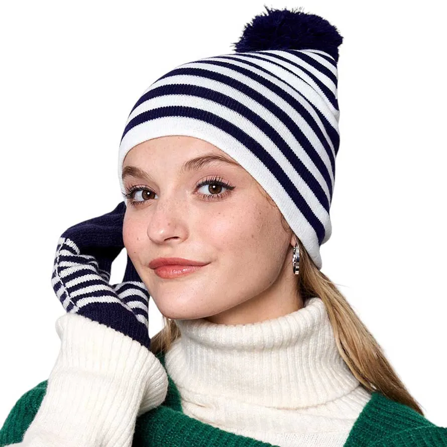 Two Tone Striped Pom Pom Beanie Hat